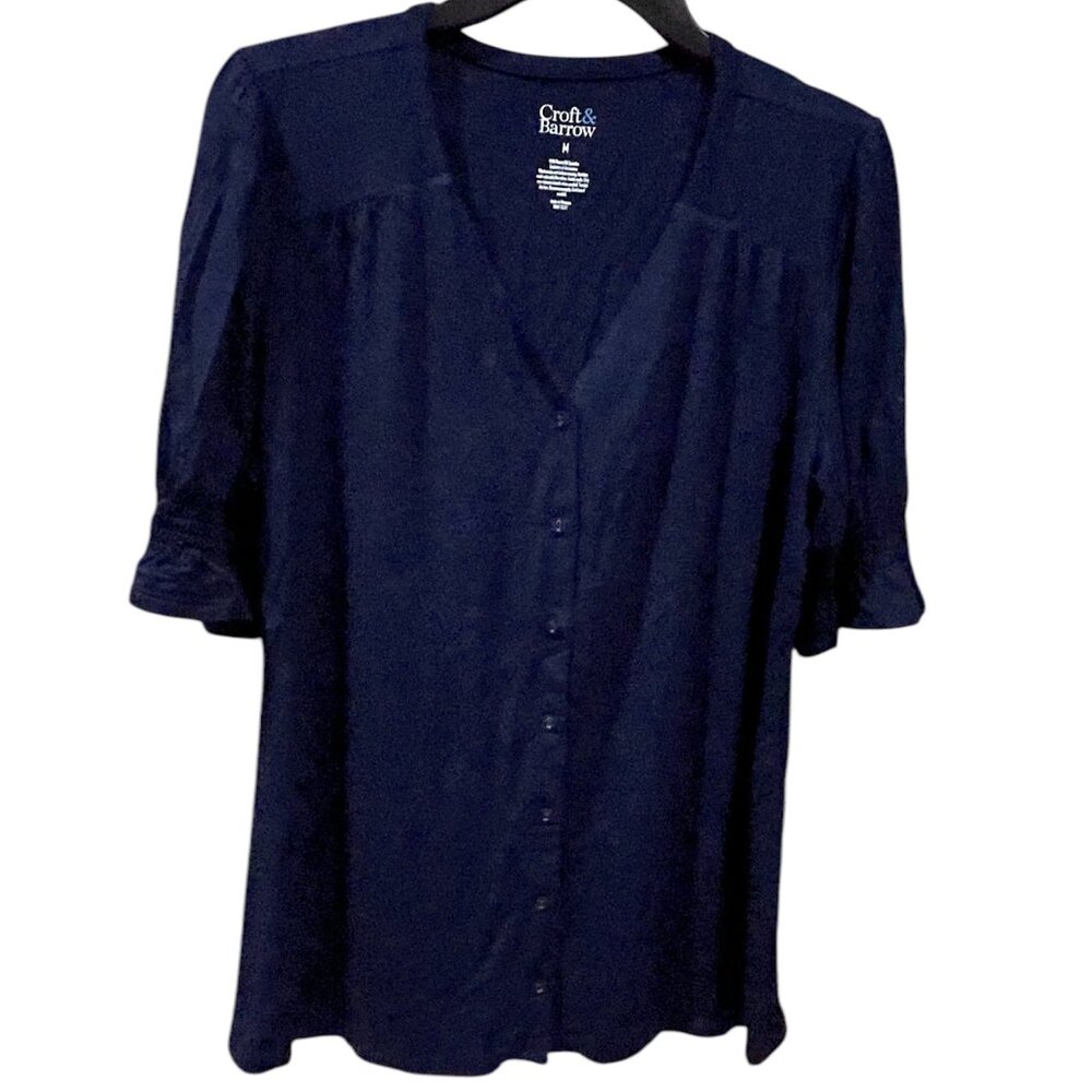 Womens Navy Button Down Front Blouse, Size M